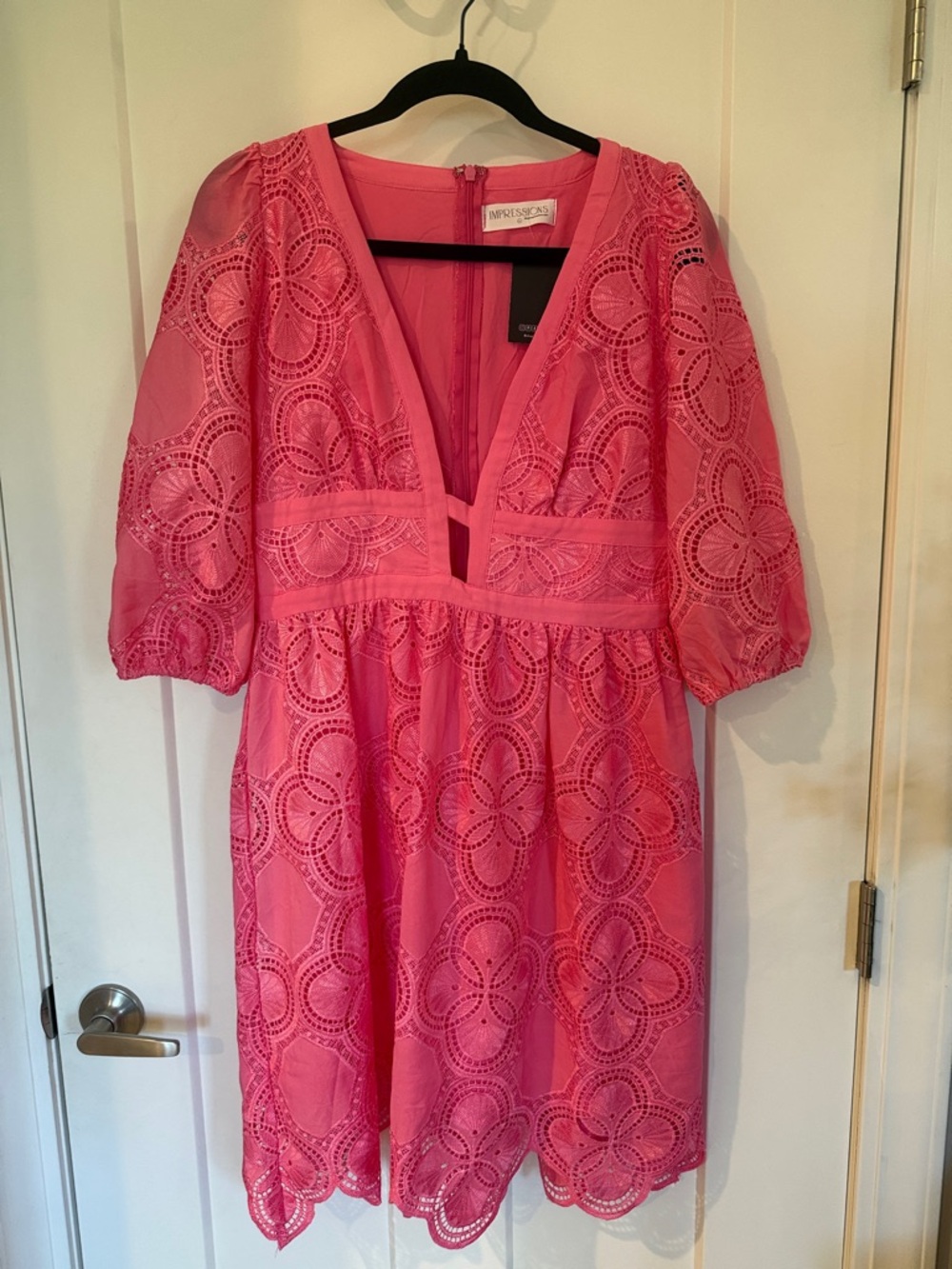 Impressions Pink Eyelet V-Neck Mini Dress